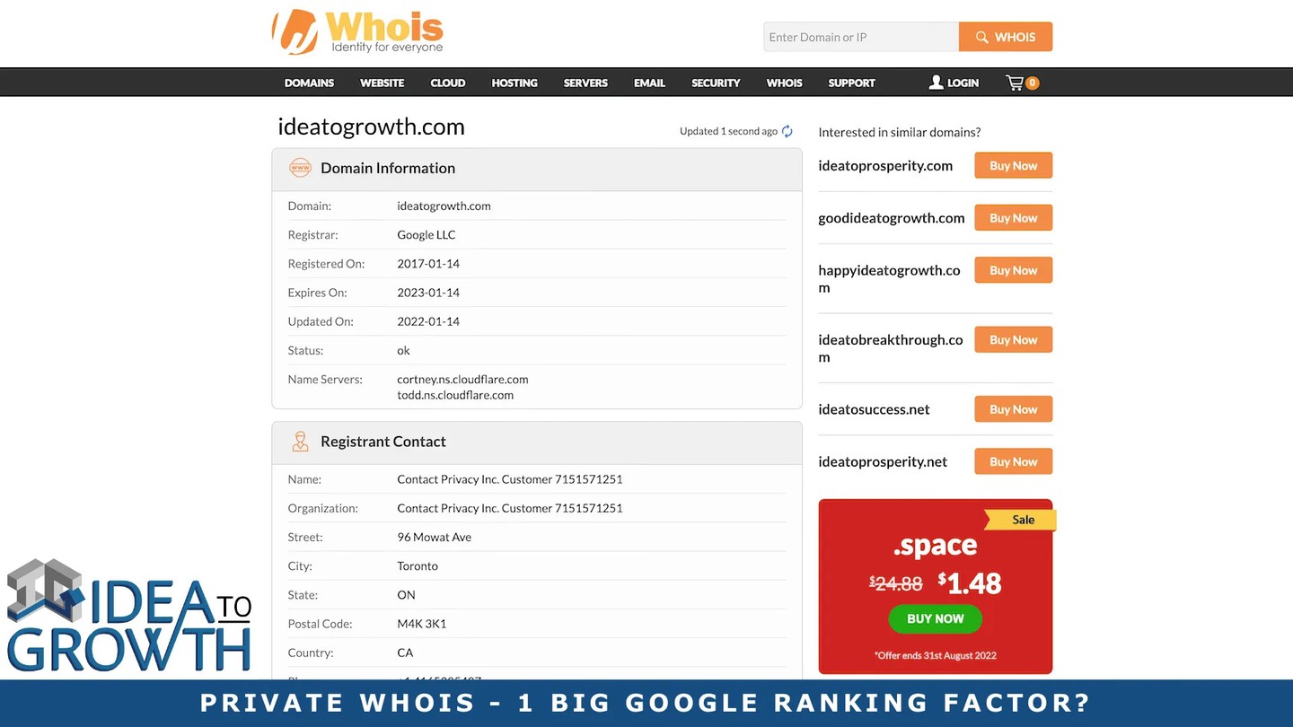 Check out my latest blog article:  Private Whois – 1 Big Google Ranking Factor? 👉🏽👉🏽 https://ideatogrowth.com/private-whois-google-ranking-factor/